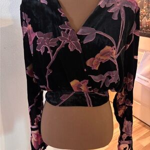 Love + Harmony Floral Velvet Wrap Top W Beautiful Plum, Berry, and Peach Florals